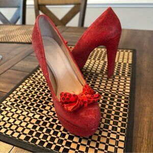 Alice in Wonderland Red Glitter Heels Women’s Size 6 High Heels with Bow Accent